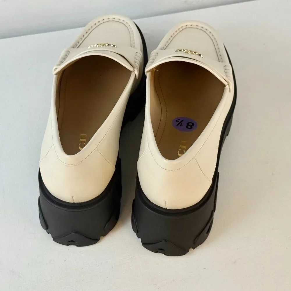 Women's 8.5 -COACH Ruthie Platform Loafer Chalk Leather Slip on with Logo Accent